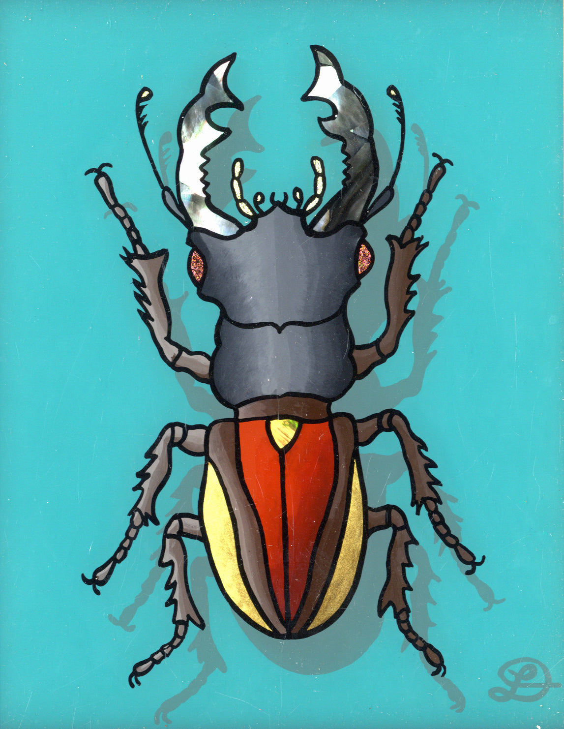 Stag Beetle Original Reverse Glass Painting