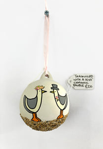 Hand Painted "Seagulled With A Kiss" Ceramic Bauble