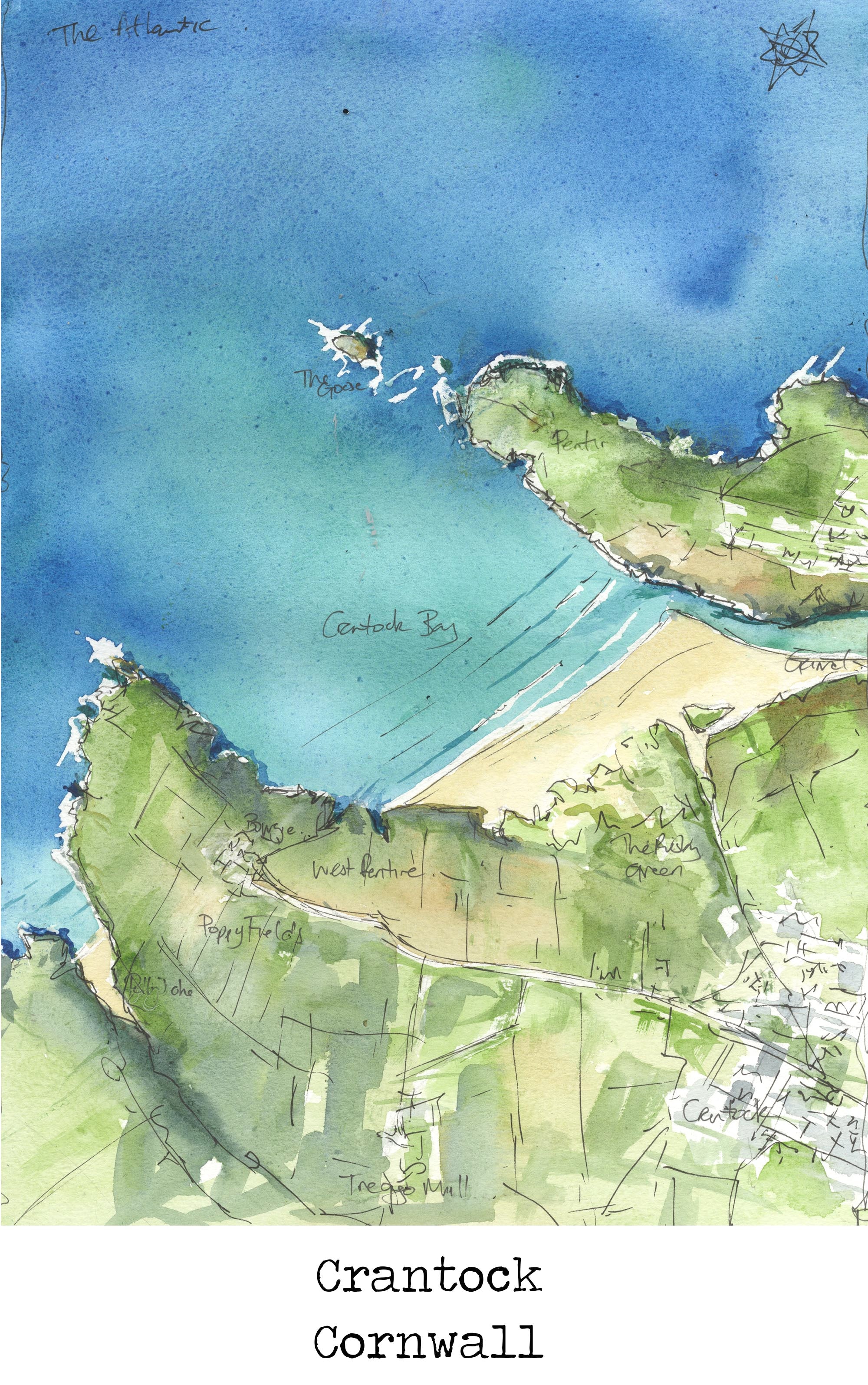 Crantock Beach Map Art Print - SaltWalls