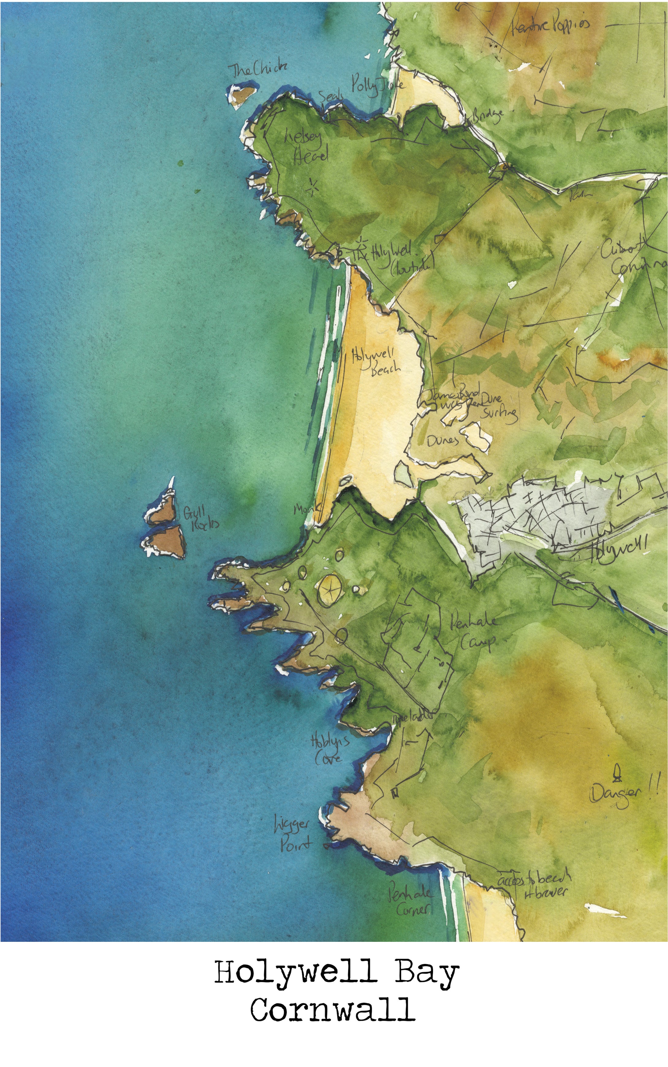 Holywell Bay Map Art Print - SaltWalls