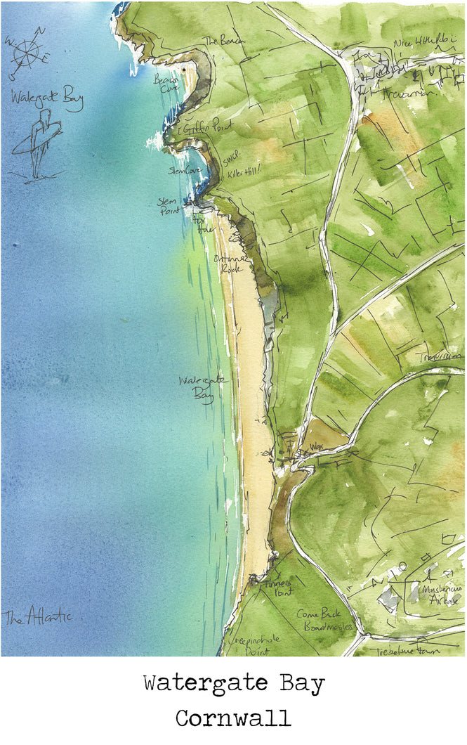 Watergate Bay Map Art Print - SaltWalls